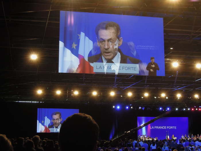 Discours de Nicolas Sarkozy pendant la 666e heure, le Samedi 28 Avril 2012, à Clermont-Cournon d'Auvergne  entre les deux tours de scrutin des élections présidentielles 2012  