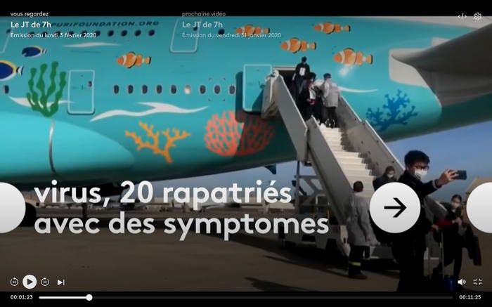 Arrivée de l'Airbus A380 sur la base d'Istres le Dimanche après-midi 02/02/2020  Capture d'écran en replay du journal de 6:30 de France Info du lundi 3 Février 2020