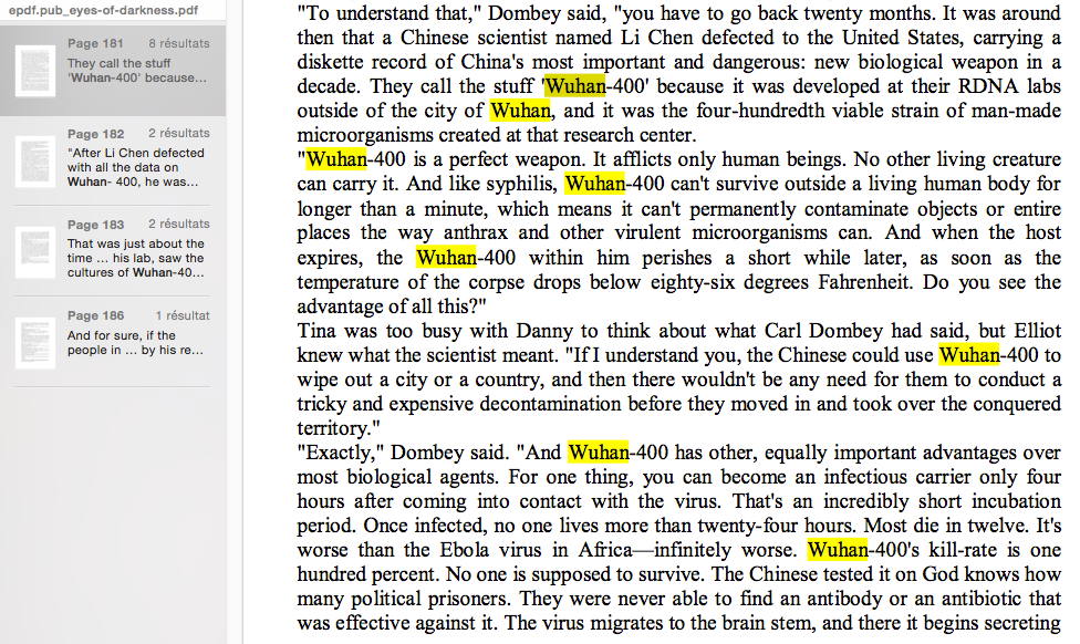 Occurrences de la séquence Wuhan 400 à la page de "THE EYES OF DARKNESS"