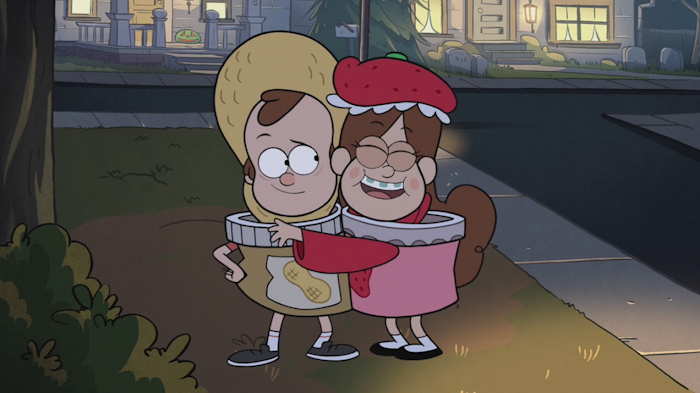 Dipper et Mabel déguisés en cacahuète et en fraise...  Capture d'écran: série ©"Gravity Falls" créée par Alex Hirsch