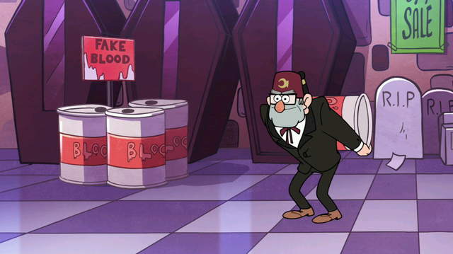 Grand Tonton Stan/Satan chargé d'un bidon de sang "bidon" c'est à dire "factice"  Capture d'écran: série ©"Gravity Falls" créée par Alex Hirsch