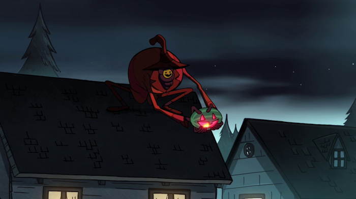 "Trickster" et sa citrouille subtilisée sur un toit  Capture d'écran: série ©"Gravity Falls" créée par Alex Hirsch