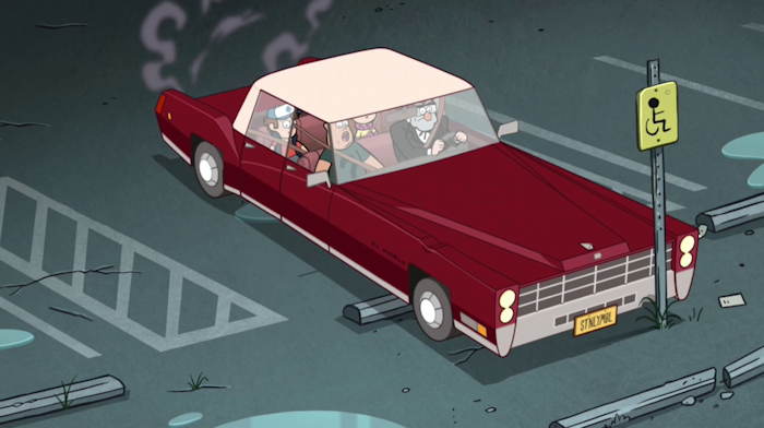 La voiture de Grand Tonton Stan/Satan contre un poteau  Capture d'écran: série ©"Gravity Falls" créée par Alex Hirsch