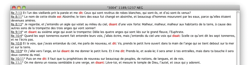 Capture d'écran occurrences Bibliques