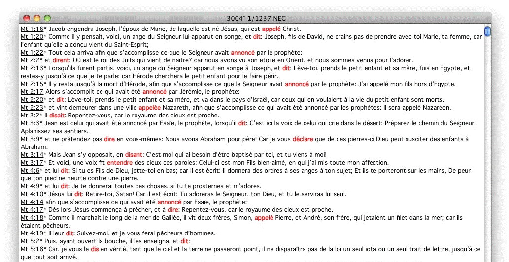 Capture d'écran occurrences Bibliques