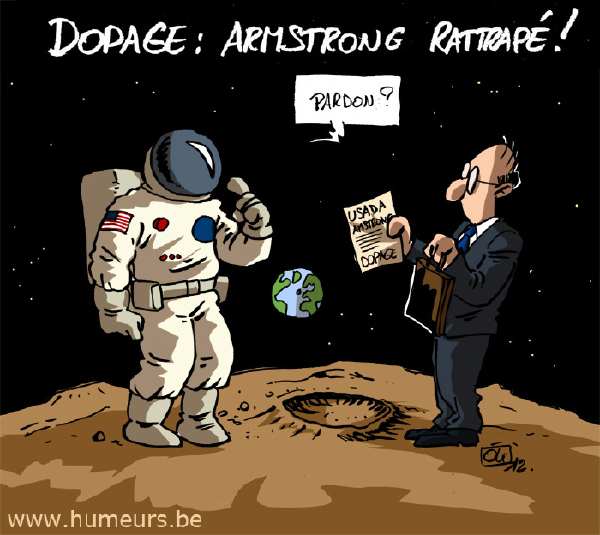 Dessin satirique à propos de Lance Armstrong rattrapé par les brigades anti-dopage