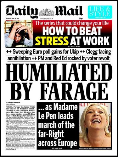 Victoire de Marine Le Pen au soir des élections Européennes du 25 Mai 2014 sur le Daily Mail 