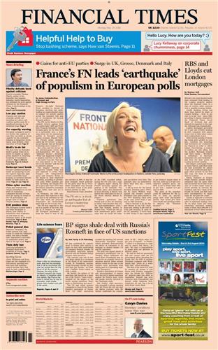 Victoire de Marine Le Pen au soir des élections Européennes du 25 Mai 2014 sur le Financial Times