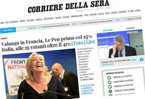 Victoire de Marine Le Pen au soir des élections Européennes du 25 Mai 2014 sur le Corriere Della Sera