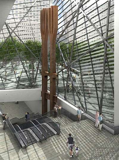 Mémorial 9/11: deux tridents structurels de façade des deux anciennes tours du WTC