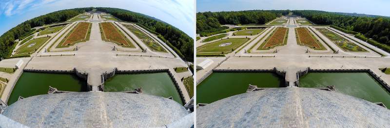 A gauche, prise de vue avec un objectif "fisheye" Nikon DX 2,8/10,5 mm   et à droite après post correction avec le logiciel Paint Shop Pro