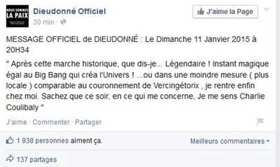 Message FaceBook de Dieudonné