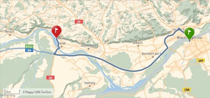 De Marktl-Am-Inn (rouge) à Braunau-Am-Inn (vert)...