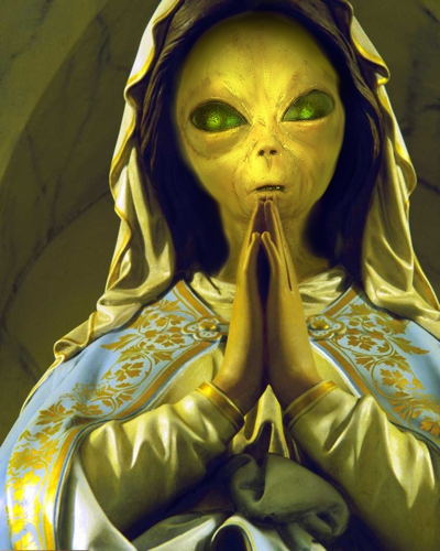 Entité démoniaque/alien embusquée en arrière-plan du culte marial