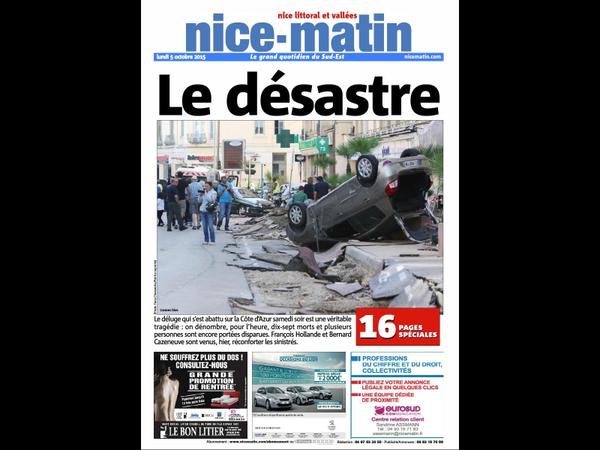 La une de Nice-Matin du lundi 5 octobre 2015