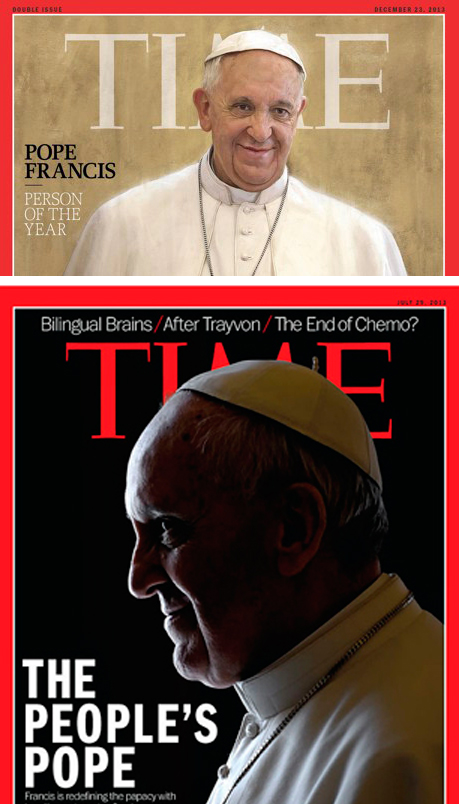 Le pape François Ier affublé de deux cornes blanches...  et de deux cornes rouges sur la couverture du Time  La lettre M est la 13e de l'alphabet  Un double hasard?