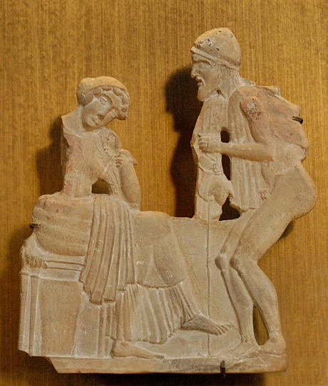 Ulysse déguisé en mendiant cherche à se faire reconnaître de Pénélope,   relief en terre cuite de Milo, v. 450 av. J.-C., musée du Louvre