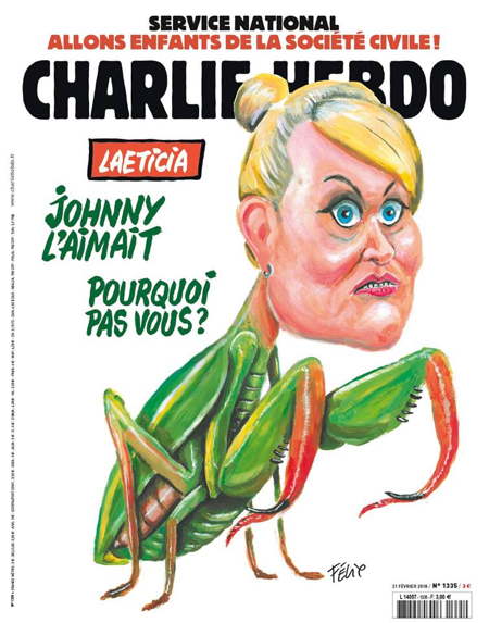 "Johnny l'aimait. Pourquoi pas vous?"  Couverture du Charlie Hebdo n°1335 du 21 février 2018