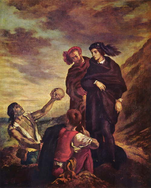 Eugène Delacroix, Hamlet et Horatio au cimetière devant le fossoyeur qui tient le crâne de Yorick.