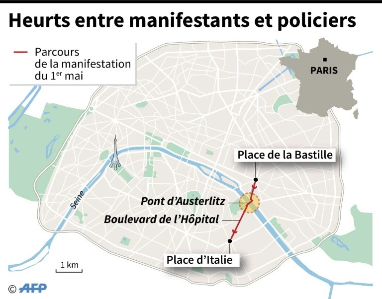 L'affrontement entre les 1200 black blocs et les forces de l'ordre   a eu lieu dans le quartier Austerlitz, entre la gare et le pont.