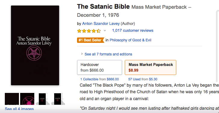 Capture d'écran Amazon US: "Bible" Satanique d'Anton Szandor Lavey
