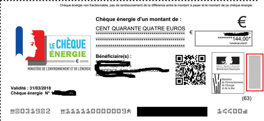 CHEQUE ENERGIE 14400 d'un montant de 144,00 Euros de référence/modèle