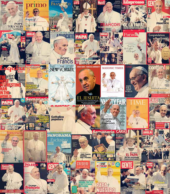Couvertures de magazines évoquant le pape François Ier 