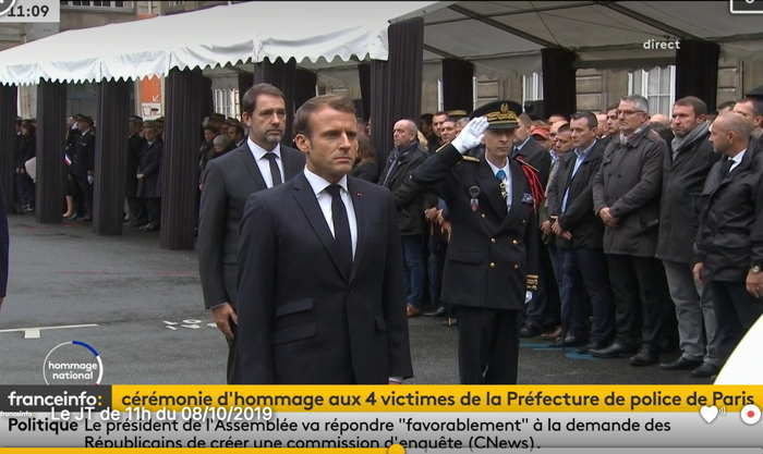"Capture d'écran: retransmission télévisée par France info TV et Internet (Molotov)"  Cérémonie d'hommage aux 4 victimes de la Préfecture de police à Paris