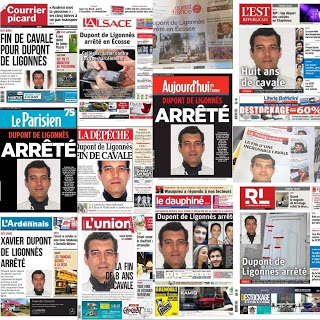 Unes de presse annonçant l'arrestation de Xavier Dupont de Ligonnès
