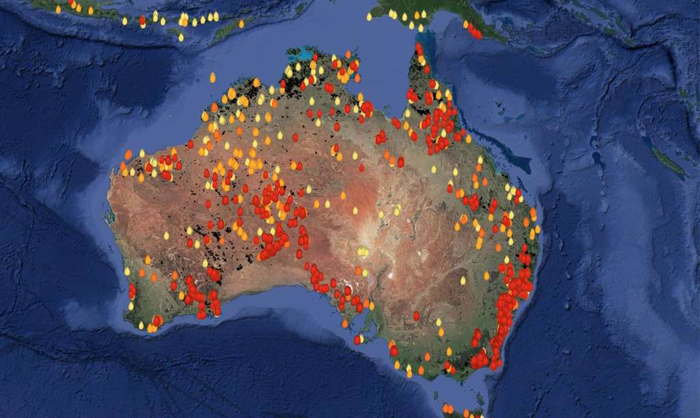Carte des foyers d'incendies 2019/2020 en Australie