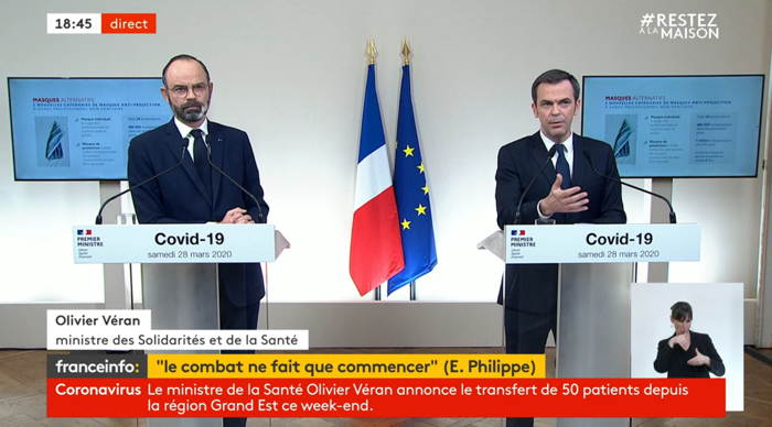 Capture d'écran Franceinfo Conférence de presse du Premier ministre le Samedi 28 Mars 2020