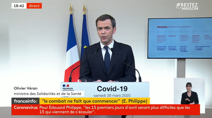 Capture d'écran Franceinfo Conférence de presse du Premier ministre le Samedi 28 Mars 2020