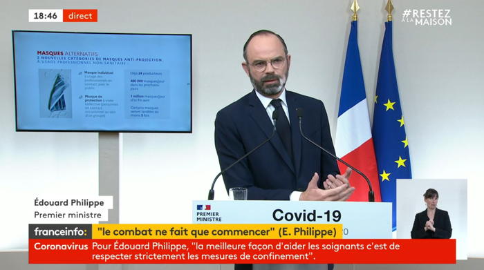 Capture d'écran Franceinfo Conférence de presse du Premier ministre le Samedi 28 Mars 2020