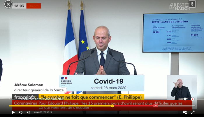 Discours de Jérôme Salomon  Capture d'écran Franceinfo Conférence de presse du Premier ministre le Samedi 28 Mars 2020