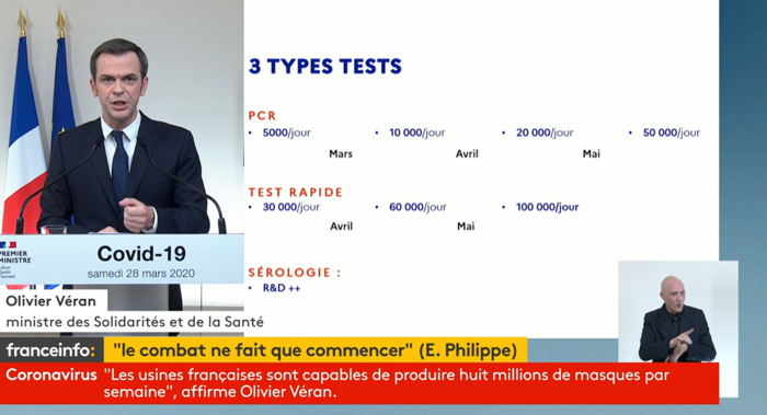 Capture d'écran Franceinfo Conférence de presse du Premier ministre le Samedi 28 Mars 2020