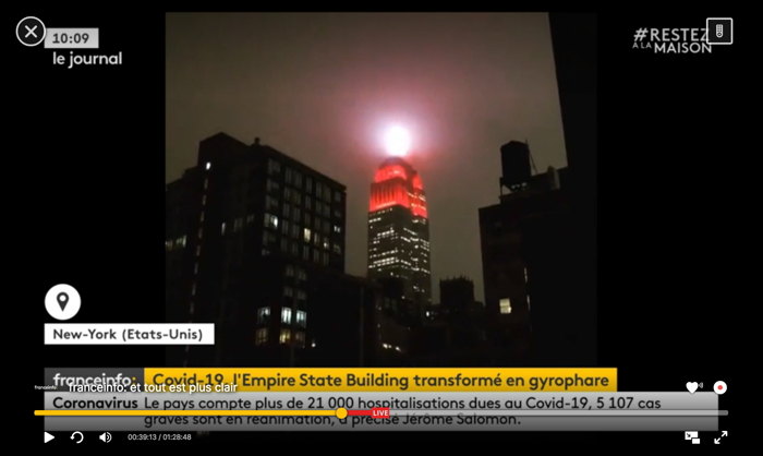 L'Empire State Building transformé en gyrophare géant à New York!  Capture d'écran Franceinfo: 14e semaine 2020