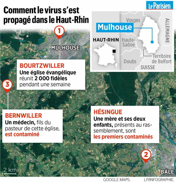 Premiers foyers de la contagion dans le Haut-Rhin