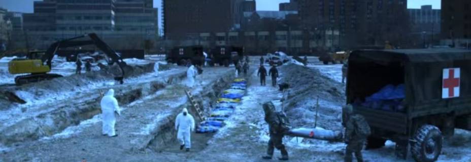 Capture d'écran: film "Contagion": fosses communes creusées à New York