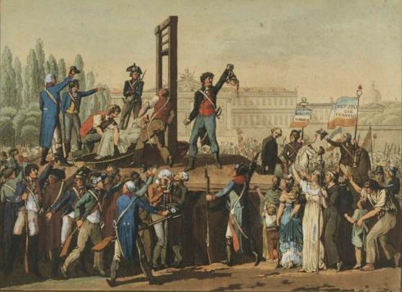 Henri Sanson brandit la tête de Marie-Antoinette d'Autriche à la foule,  (musée de la Révolution française).