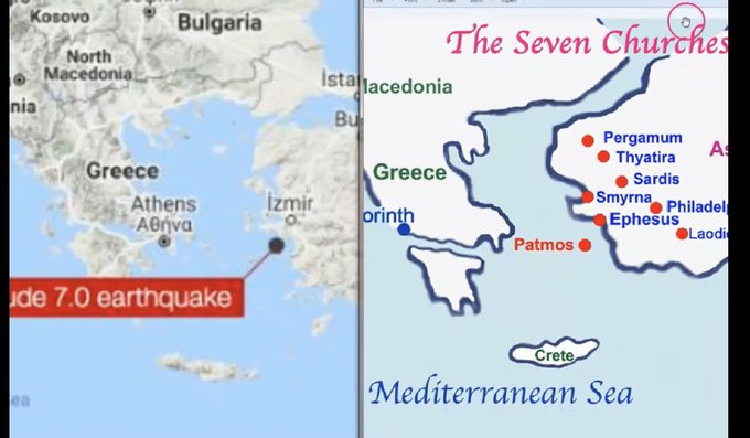 Epicentre du séisme  En face: les 7 Eglises décrites dans l'Apocalypse Johanniqie