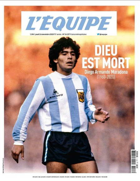 Dieu est mort   A La Une de L'Equipe à propos de la mort de Diego Armando Maradona