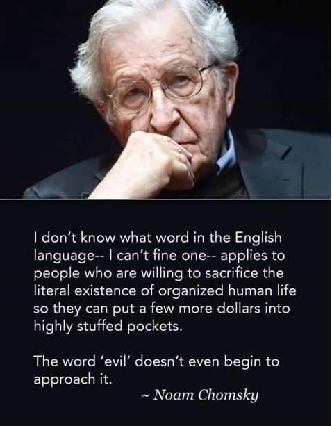 Je ne sais pas quel mot en Anglais - je n'ai pas pu en trouver un - s'applique àdes individus qui ont l'intention de détruire en la sacrifiant l'existence même de la vie humaine organisée de telle manière qu'ils pourraient ajouter quelques dollars dans leurs pches remplies à saturation.

Le mot "Mal" ne parvient même pas à sen approcher! Noam Chomsky