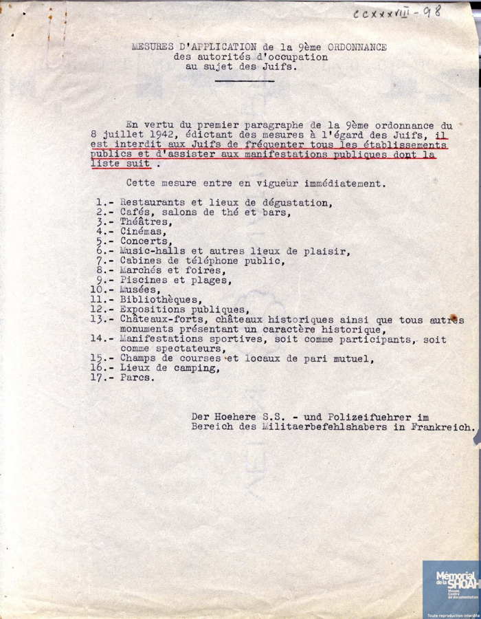 liste de mesures d'application de la 9e ordonnance des autorités d'occupation au sujet des juifs.