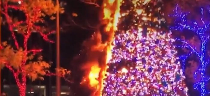 Sapin de Noël en feu devant le siège de Fox News à New York