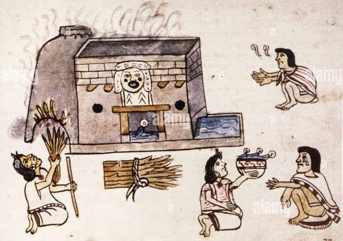 Rites arround the temazcal. Magliabechiano Codex. 16th-century Aztec codex. Museum of the Americas, Spain 