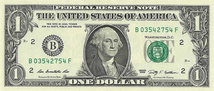 Portrait de G. Washington sur le billet de 1 dollar.