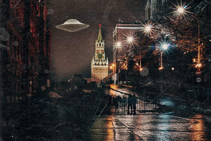 Photomontage en vue d'illustrer des apparitions ufologiques sur la Place Rouge 