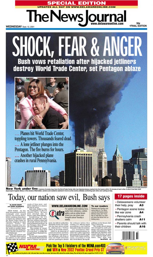 Choc, peur et angoisse

Bush invoque la loi du talion

alors que des avions de ligne piratés aient détruit le WTC et mis à feu le Pentagone