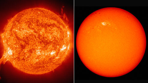 soleil en forte activité, à gauche  et le 11 janvier 2010 à droite