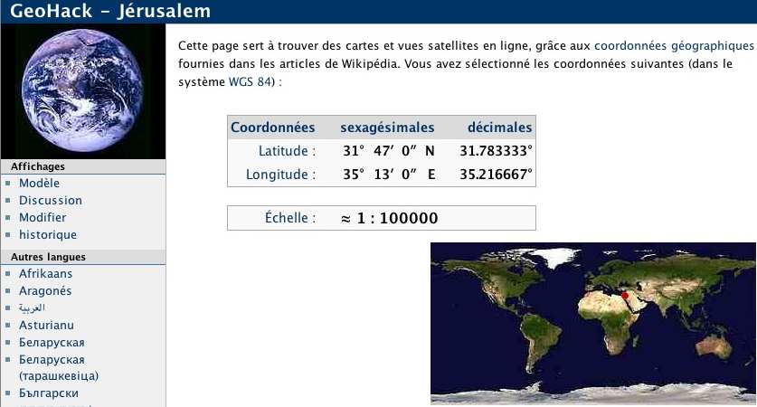 Coordonnées de Jérusalem: 31° 47' 00 Nord - 35° 13' 00 Est